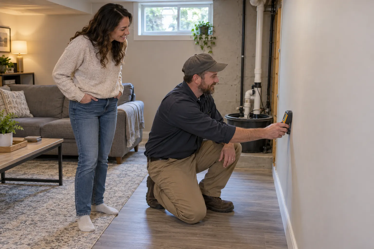 A homeowner and a local mold provider checking a basement wall in Pacific